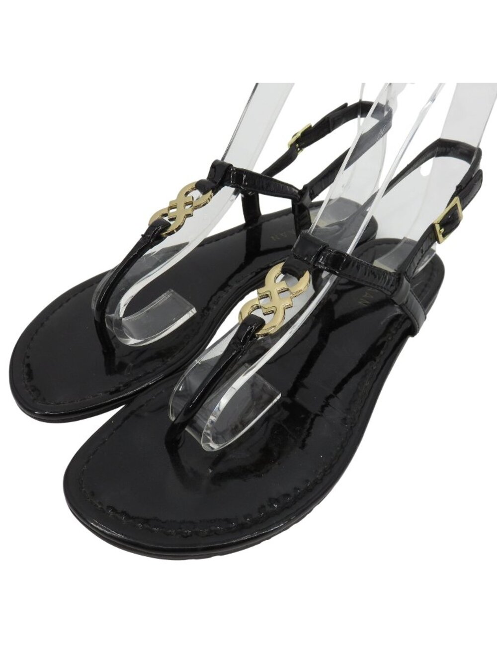 Cole Haan Women 5.5 M ALLY Black Patent Leather Gold Charm T Strap Sandals Beach